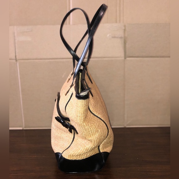 RALPH LAUREN Top Zipper Closure Black Handle Wicker Shoulder Bag with Storage - Picture 6 of 17